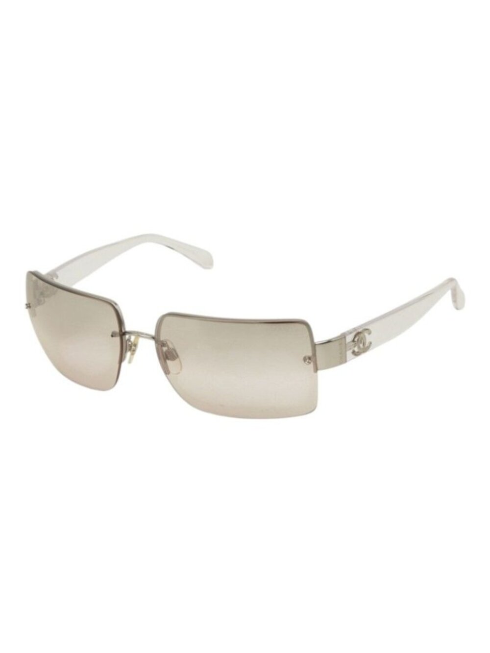 Chanel CC Logo Rimless Sunglasses Eyewear Brown Clear Silver Acetate Metal
